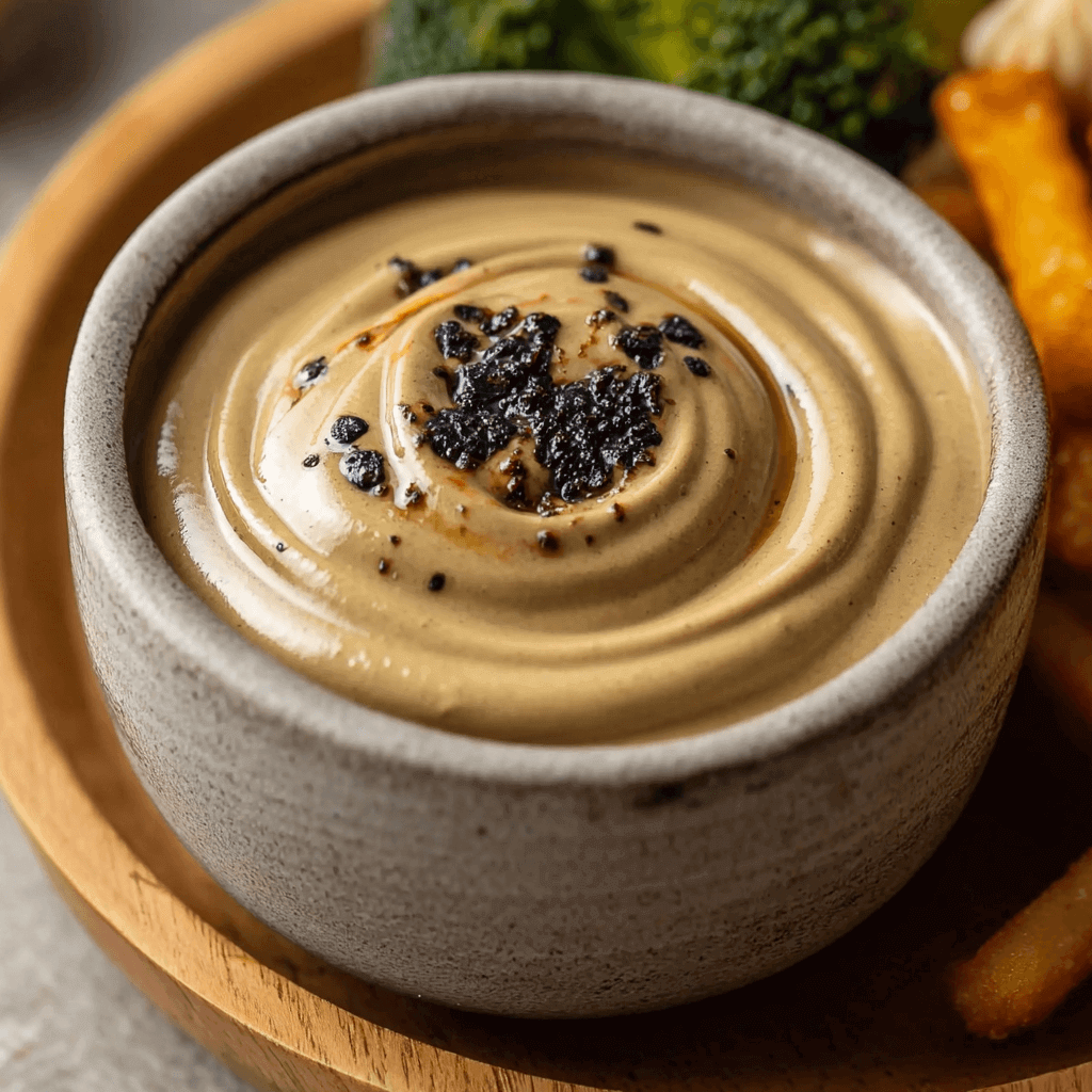 Creamy Black Garlic Aioli with Rich Umami Flavor in a bowl, highlighting a delicious and healthy black garlic recipe.