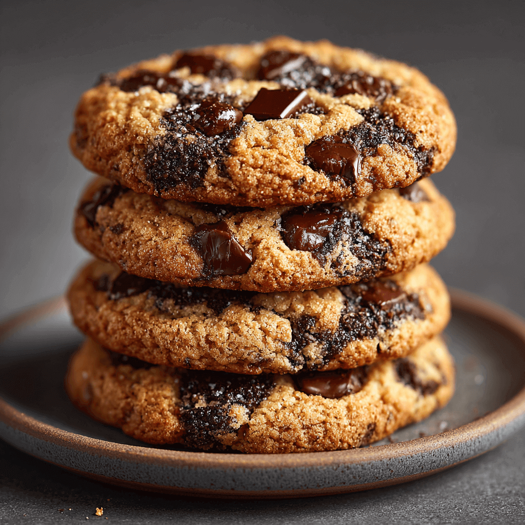 🍪 Sweet Meets Umami: Black Garlic Chocolate Chip Cookies stacked on a plate showcasing a unique blend of flavors.