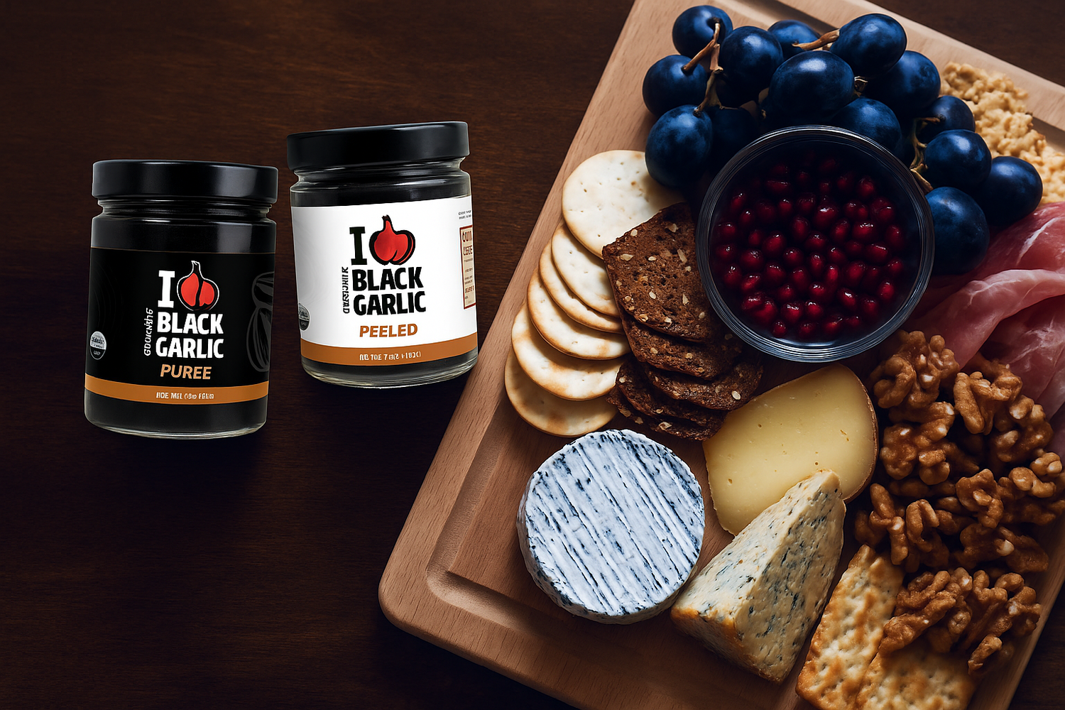Charcuterie Board with I Love Black Garlic Puree and Peeled Cloves