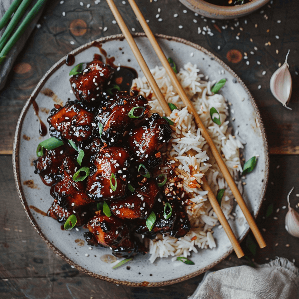 Plate of rice and vegetables topped with Black Garlic Purée 7 oz | Bold Umami Flavor | Vegan sauce, garnished with green onions.