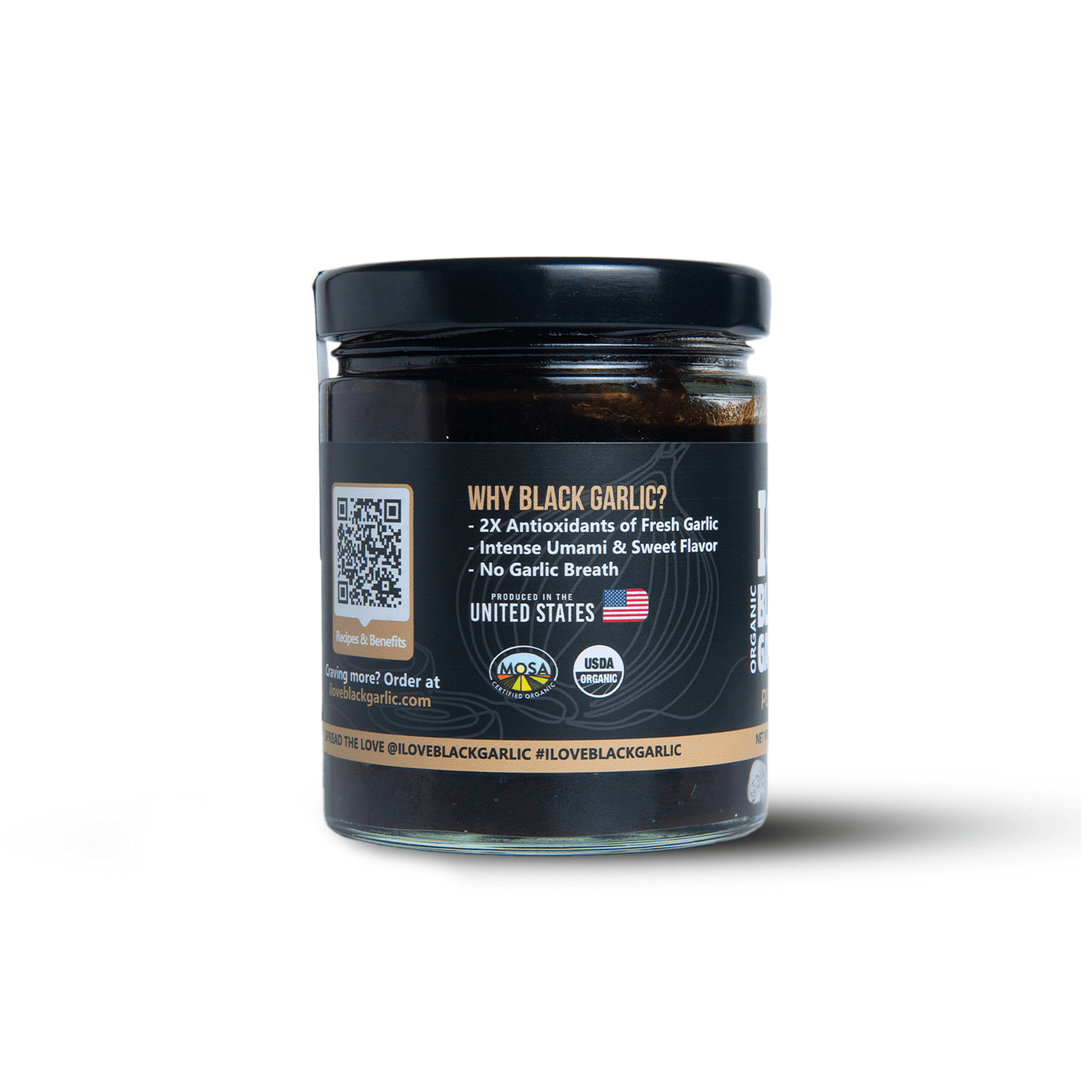 Black Garlic Purée 7 oz | Bold Umami Flavor | Vegan jar showcasing organic black garlic benefits and certifications.