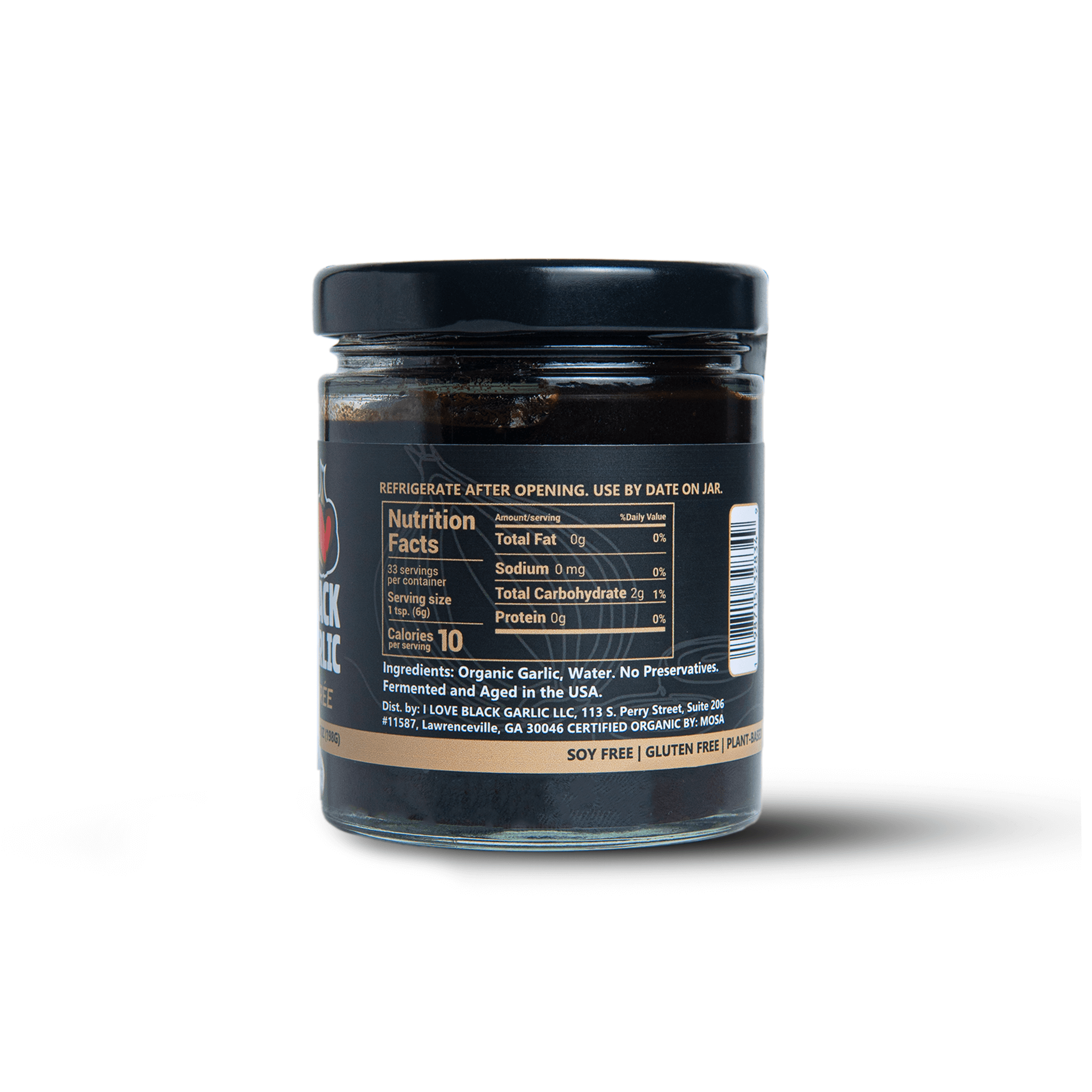 Black Garlic Purée 7 oz | Bold Umami Flavor | Vegan jar with nutrition facts on the label.
