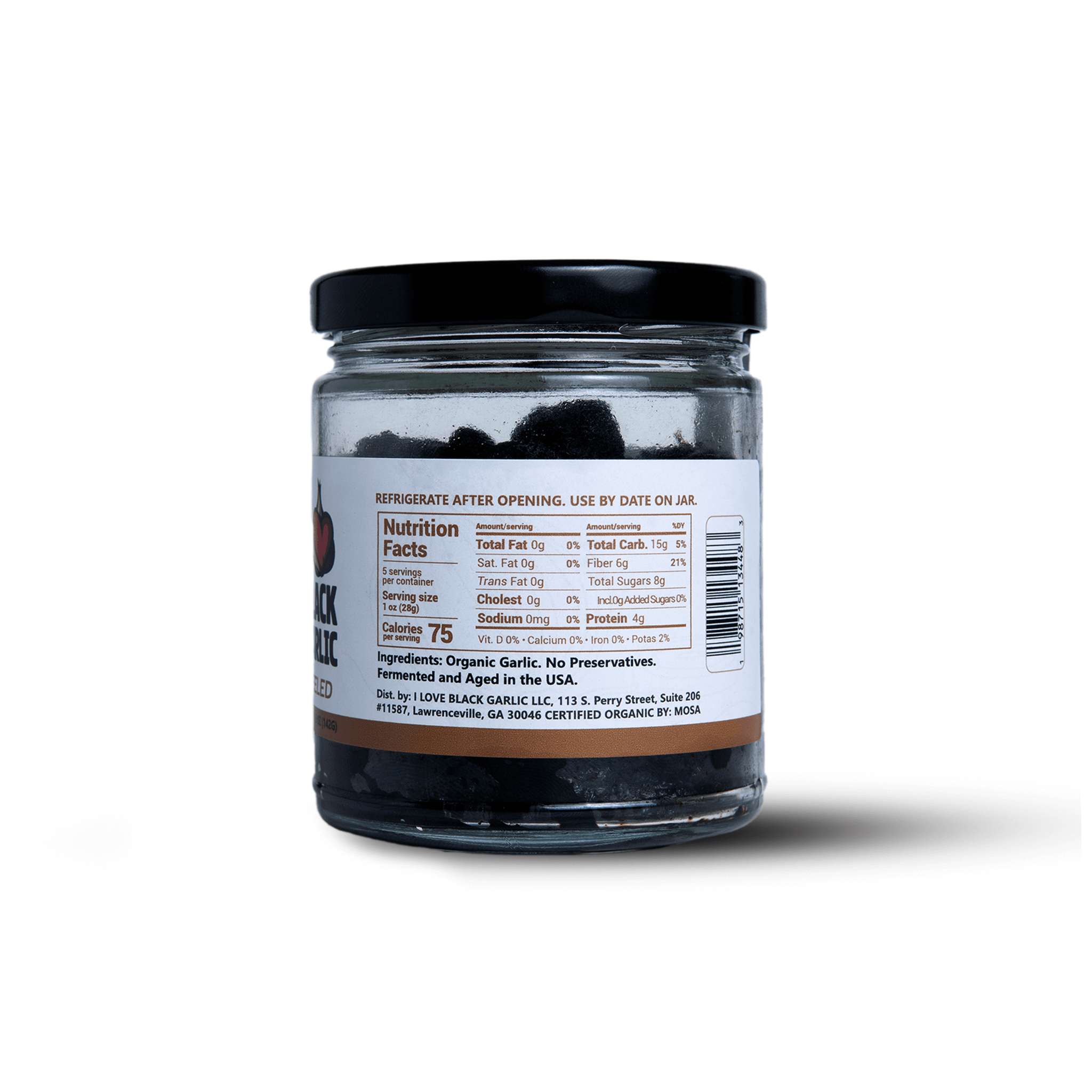 Jar of Organic Peeled Black Garlic Cloves – 5 oz with nutrition facts label, vegan and USA-made, sweet umami flavor.