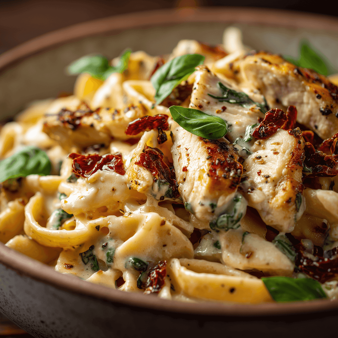 Delicious Marry Me Chicken Pasta Recipe with creamy sauce, topped with sun-dried tomatoes and basil in a rustic bowl.