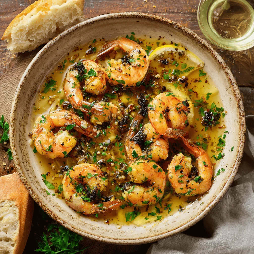 Garlic Scampi Shrimp Recipe with black garlic and herbs in a buttery sauce, served in a rustic bowl with bread.