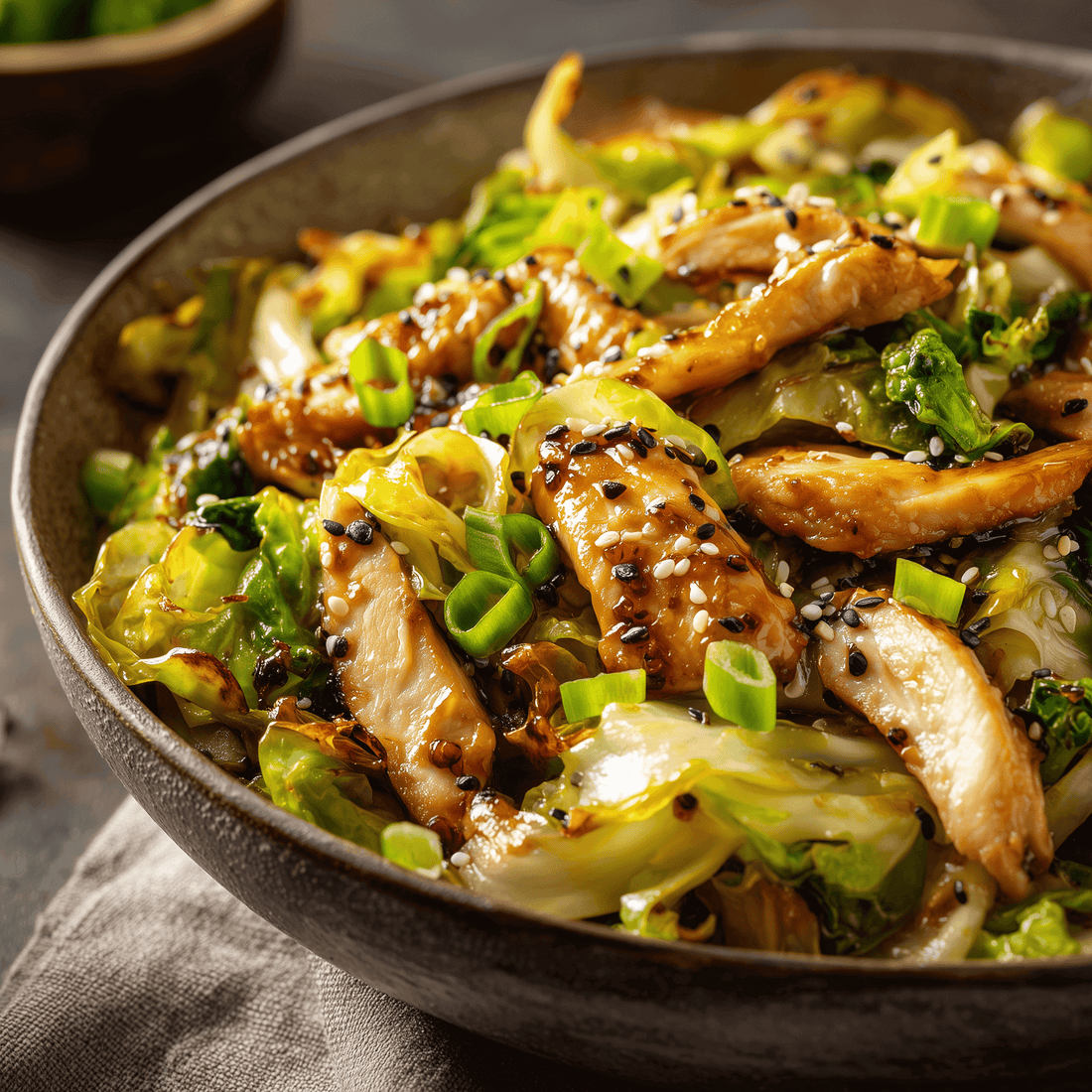 Delicious Chicken Cabbage Stir Fry with fresh vegetables and sesame seeds served in a rustic bowl.