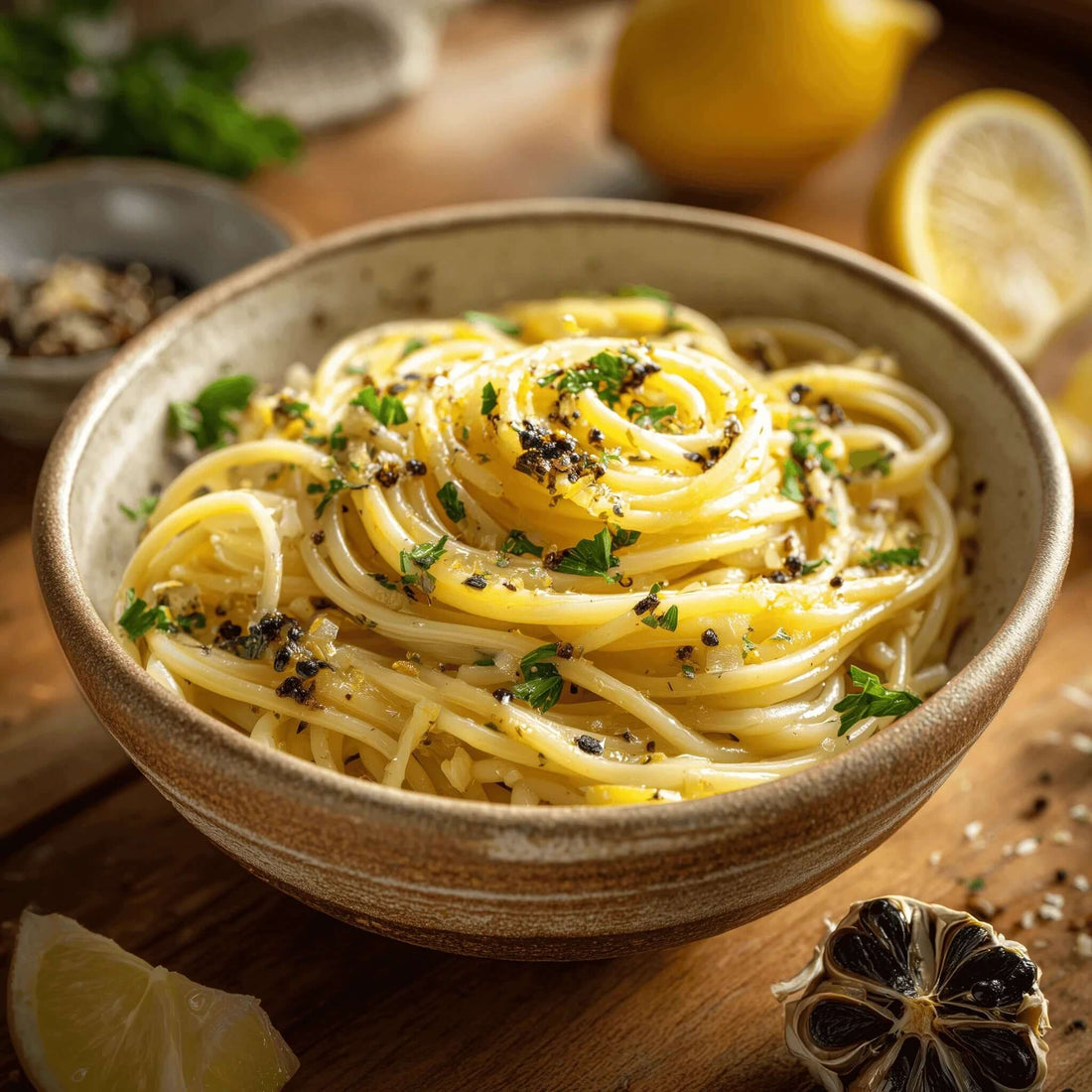 Garlic Lemon Pasta Recipe with spaghetti topped with black garlic and parsley, garnished with lemon slices for a creamy umami flavor