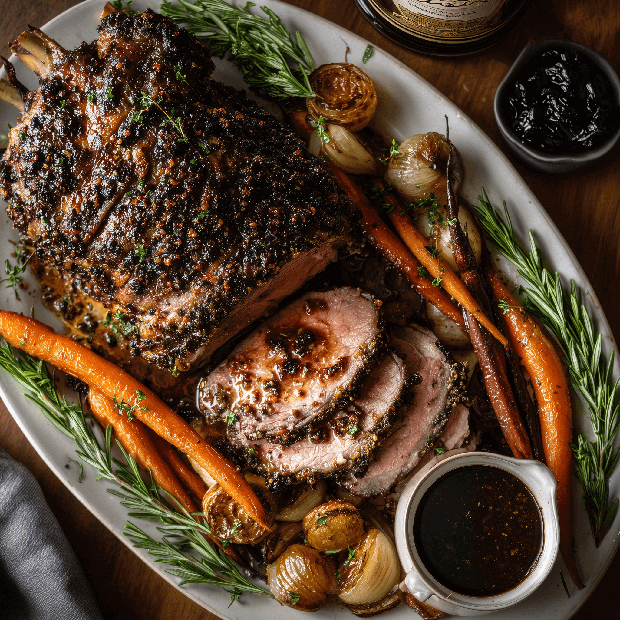 Roasted lamb leg recipe with black garlic and fresh herbs, served with carrots and onions