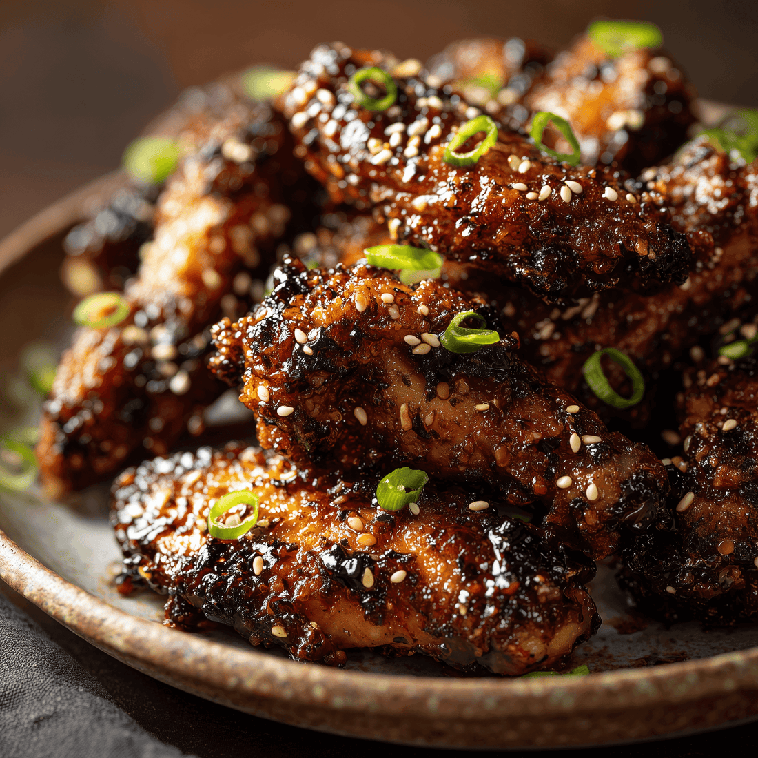 Delicious Korean Fried Chicken Wings Recipe with gourmet black garlic sauce, garnished with sesame seeds and green onions on a plate.