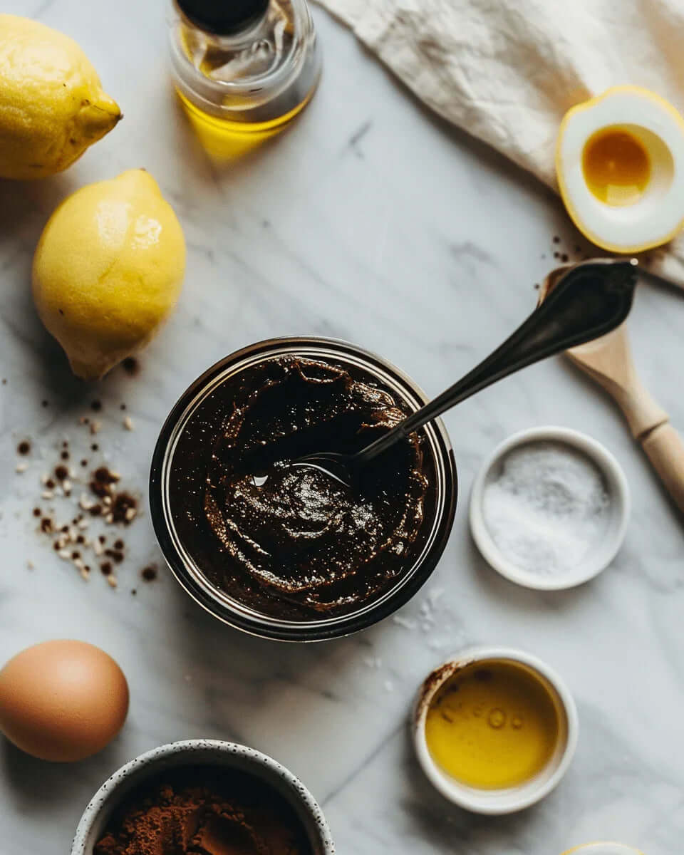 Ingredients for Black Garlic Mayo Recipe: Creamy, Gourmet Flavor in Just 5 Minutes with lemons, oil, and spices on marble.