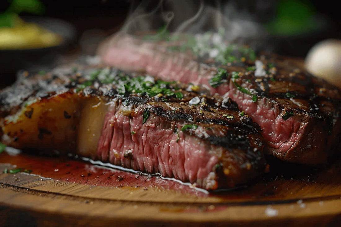 Juicy steak with herbs, highlighting Black Garlic Recipe for a fine dining experience. Perfect 15-minute gourmet meal.