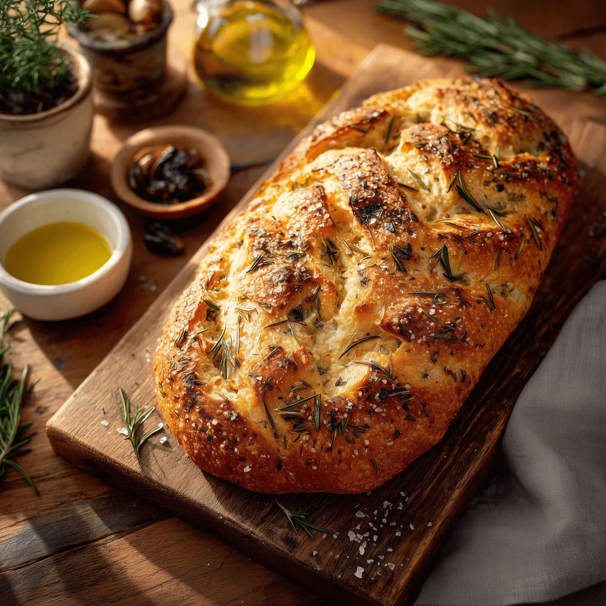 Rustic Rosemary Garlic Bread Recipe with fresh rosemary and olive oil on a wooden board.