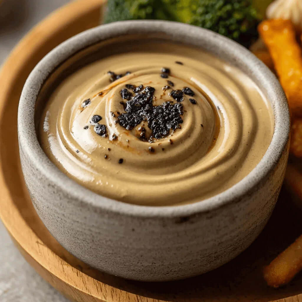 Creamy Black Garlic Aioli with Rich Umami Flavor in a bowl, highlighting a delicious and healthy black garlic recipe.