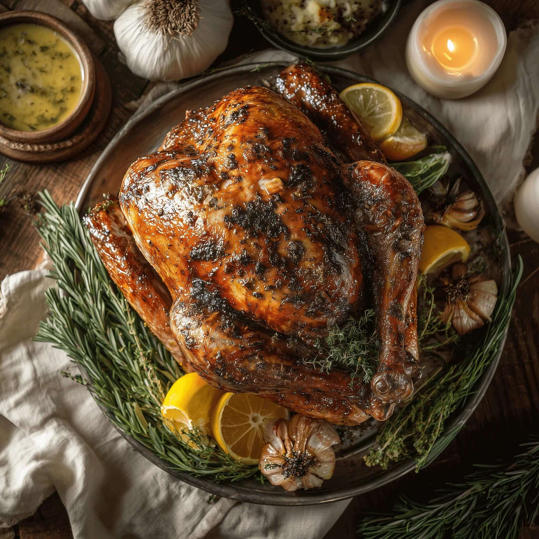 Unique Thanksgiving Recipe: Golden black garlic turkey garnished with herbs and lemon slices on a platter.