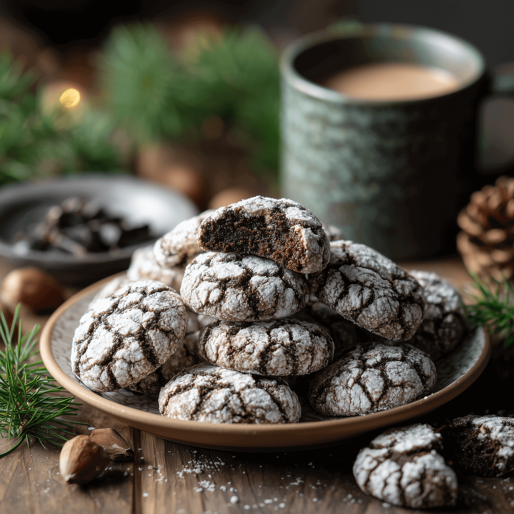 Plate of Black Garlic Cookies for a Unique Christmas Cookie Recipe, featuring festive decorations and a cozy holiday setting.