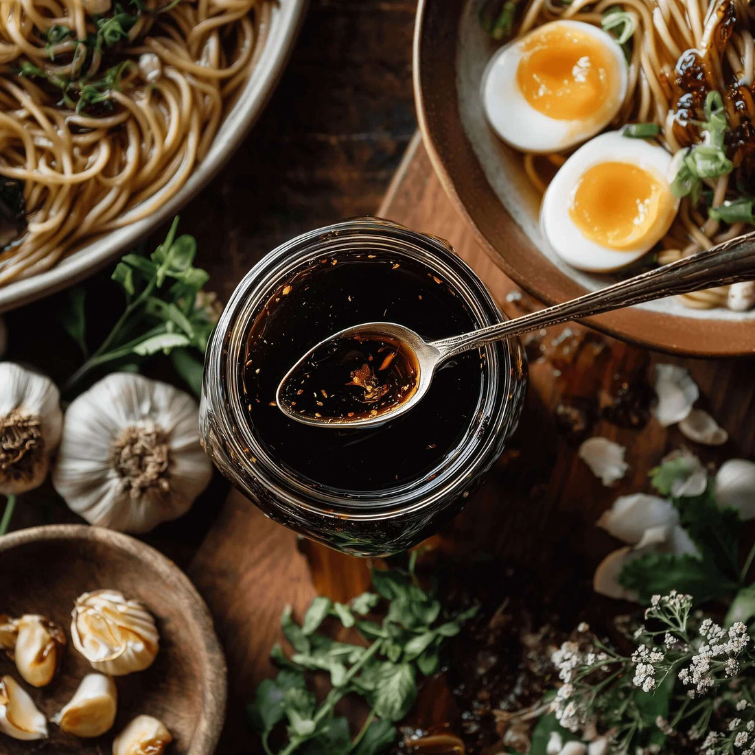 Jar of black garlic oil with a spoon, surrounded by fresh garlic and noodles, showcasing the deep and savory allure of black garlic oil.