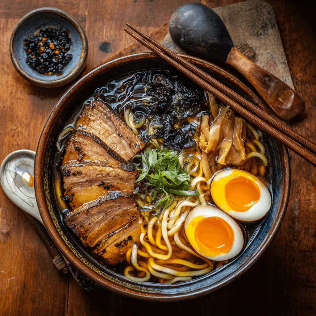 Black garlic ramen recipe with pork belly, soft-boiled eggs, and noodles in a rich broth served in a ceramic bowl.
