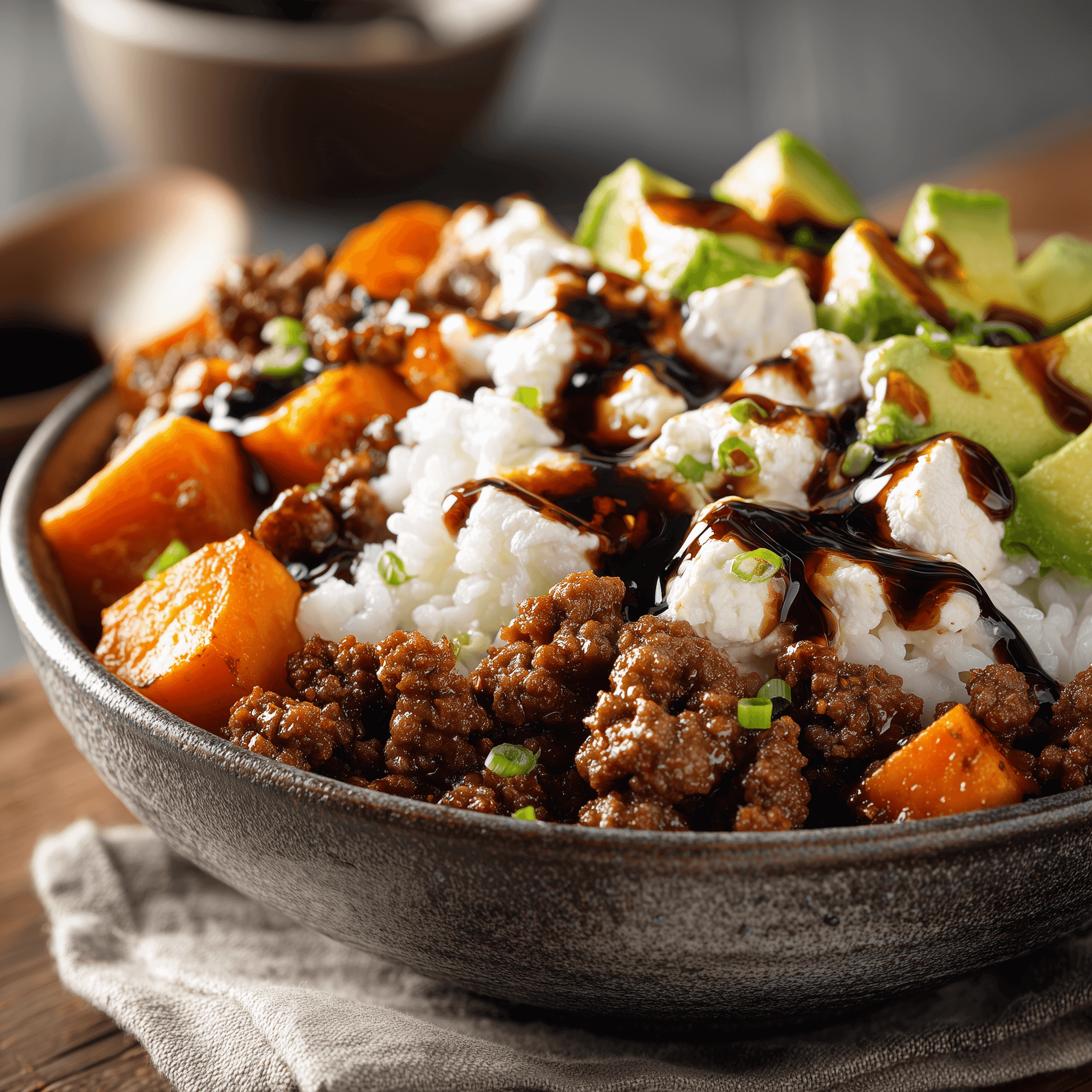 Hot Honey Cottage Cheese Beef Bowl topped with black garlic drizzle, featuring rice, avocado, and sweet potatoes in a rustic bowl.