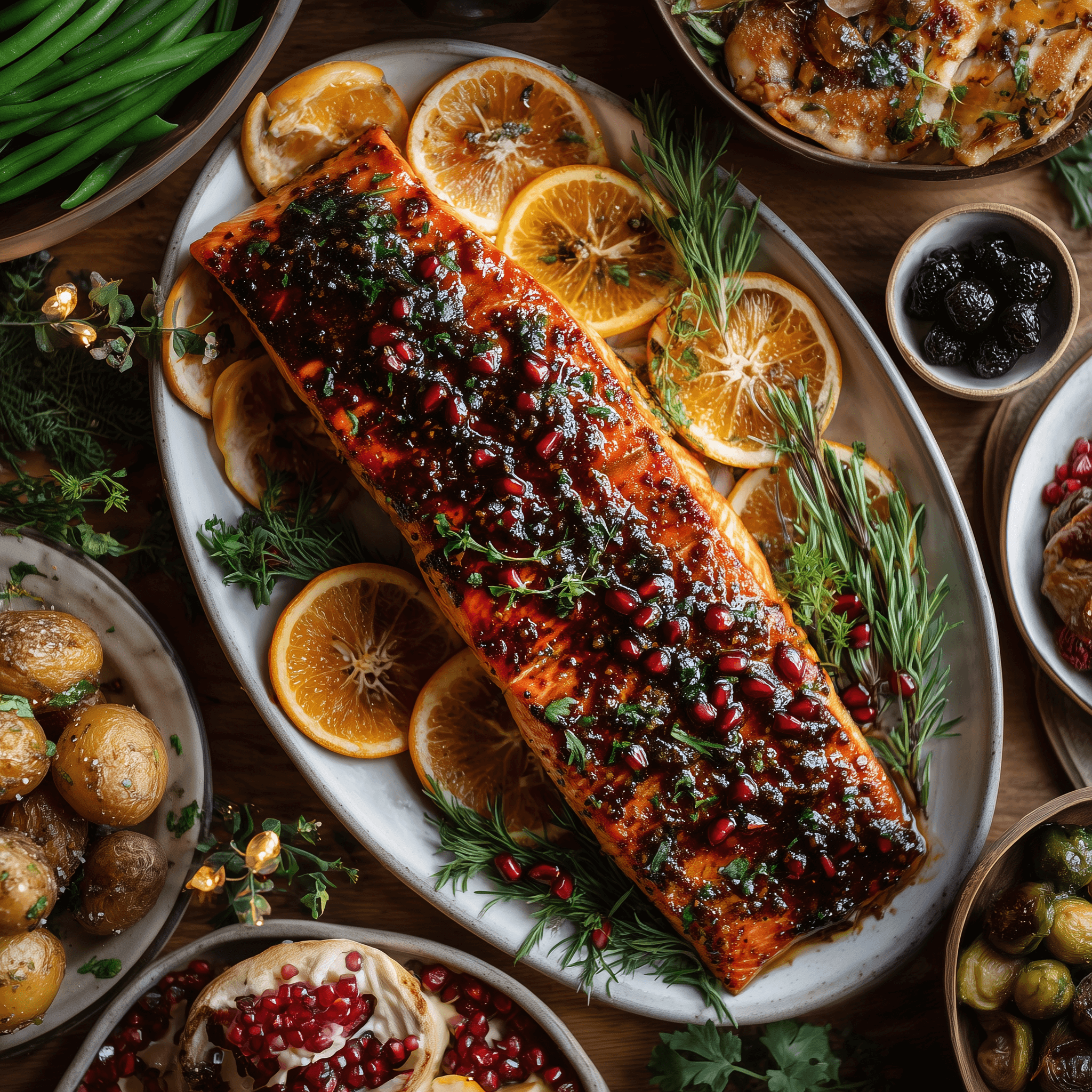 Christmas Salmon Recipe: Salmon glazed with sweet black garlic, garnished with herbs and pomegranate seeds, surrounded by holiday sides.