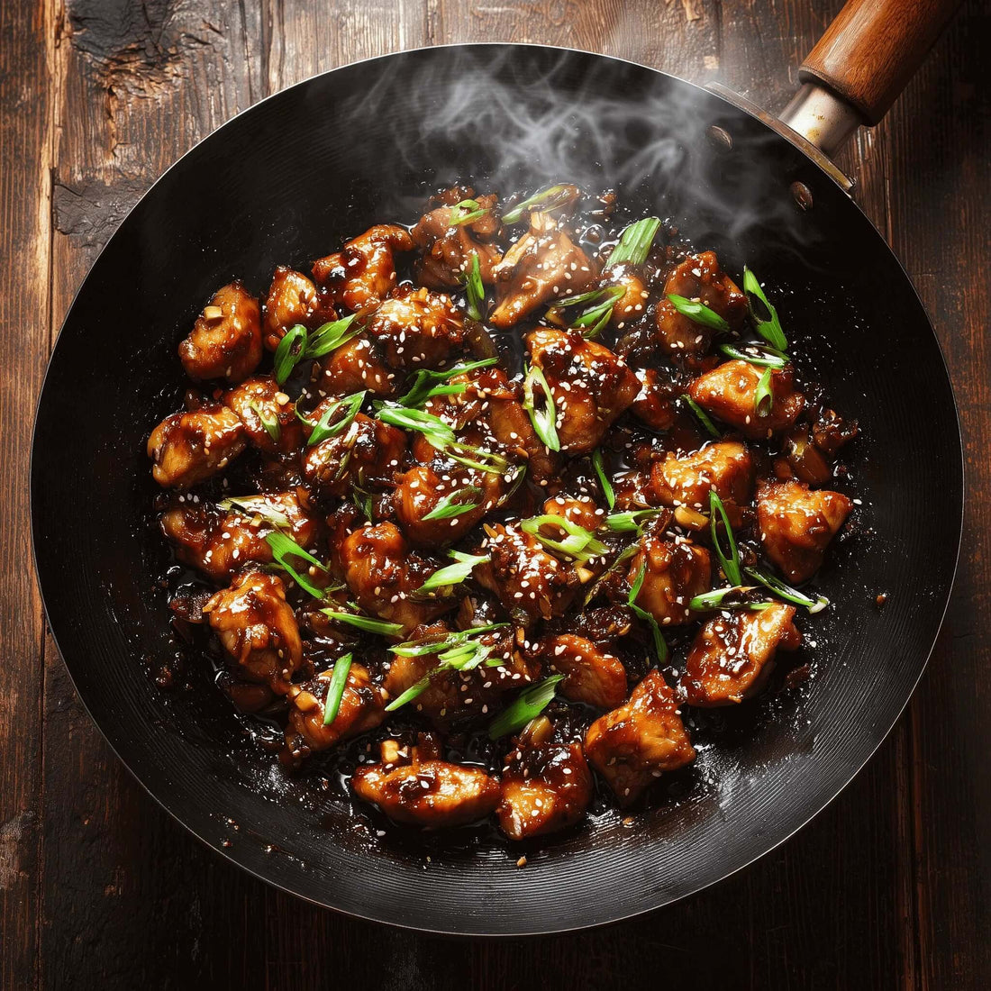 Chinese Garlic Chicken Recipe with black garlic in wok, garnished with green onions.