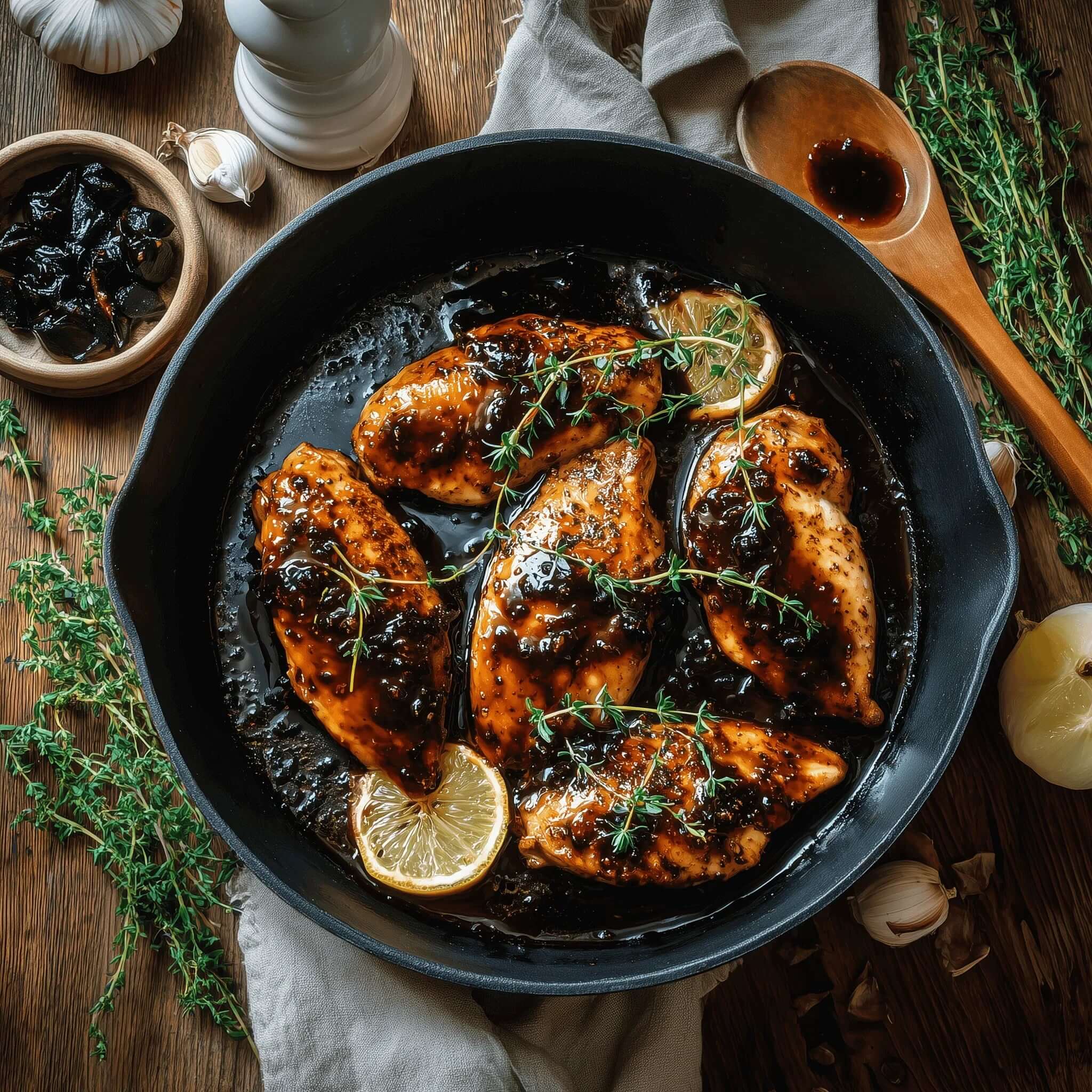 Grilled chicken with black garlic sauce, garnished with fresh thyme and lemon slices, showcasing Black Garlic Sauce for Chicken recipe.