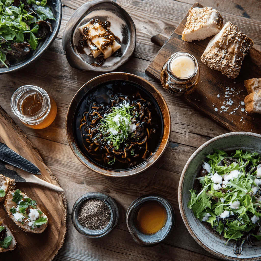 Black Garlic Recipes featuring dishes with salad, bread, and black garlic pasta on rustic wooden table.