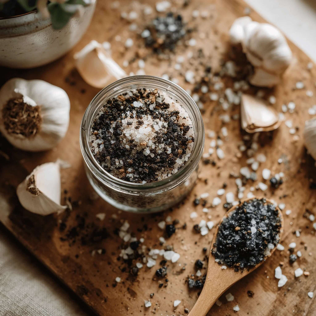 Jar of black garlic salt with fresh garlic cloves on wooden board.