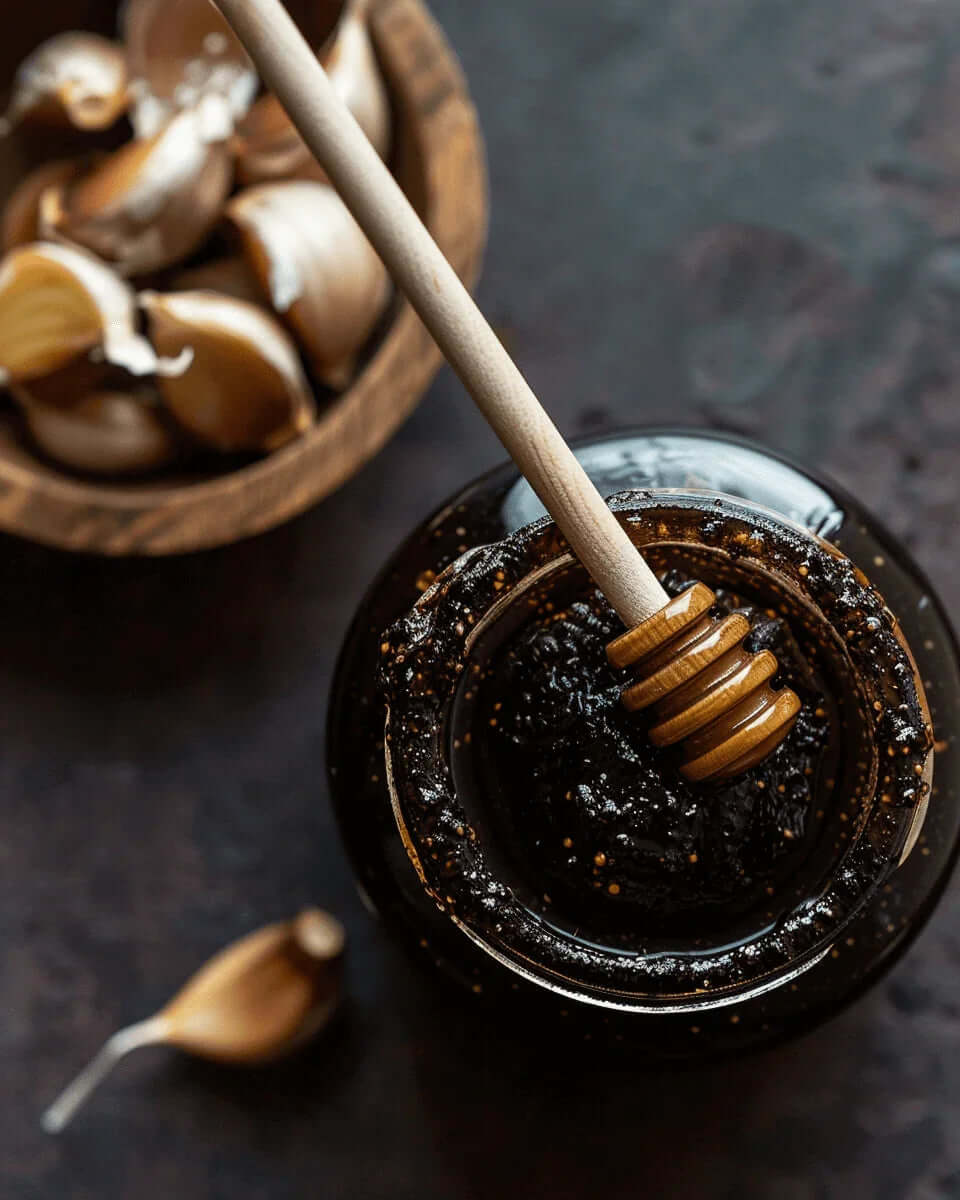 Jar of Black Garlic Honey: The Sweet & Savory Drizzle with garlic cloves on a dark background.