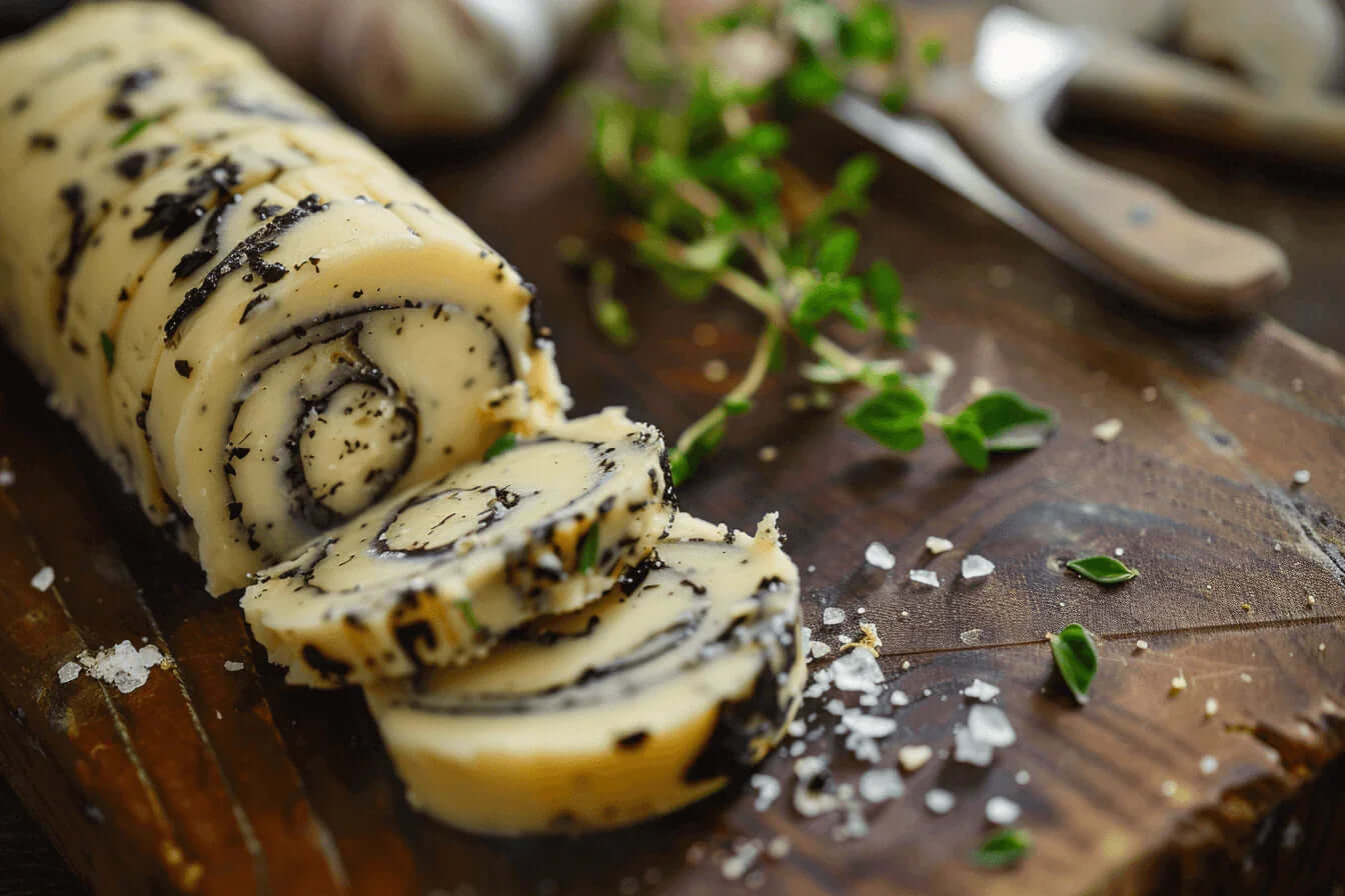 Sliced Black Garlic Butter log on wooden board with herbs and sea salt.