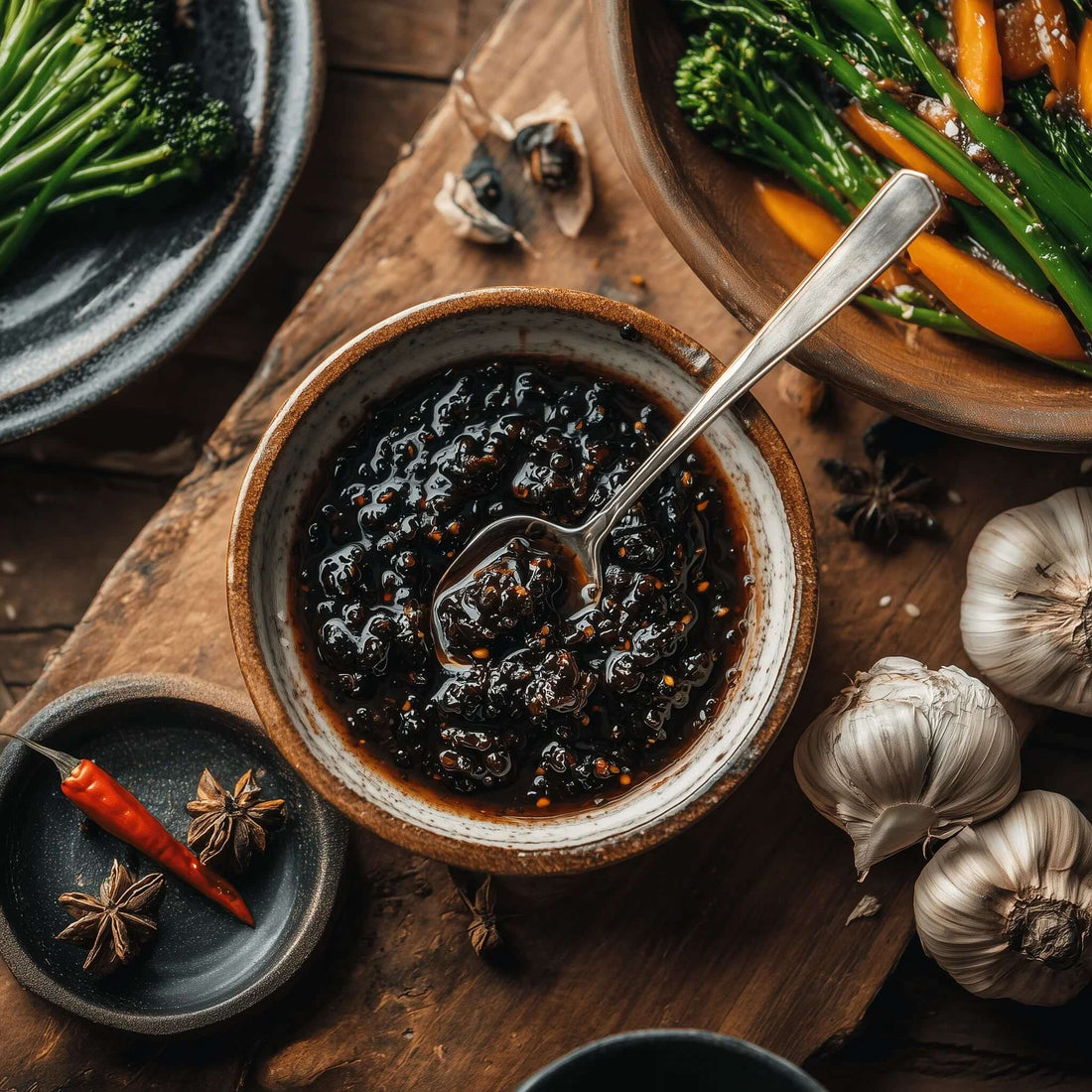 Black Bean Garlic Sauce Recipe featuring a bowl of black garlic sauce, fresh vegetables, garlic cloves, and spices on a wooden table.