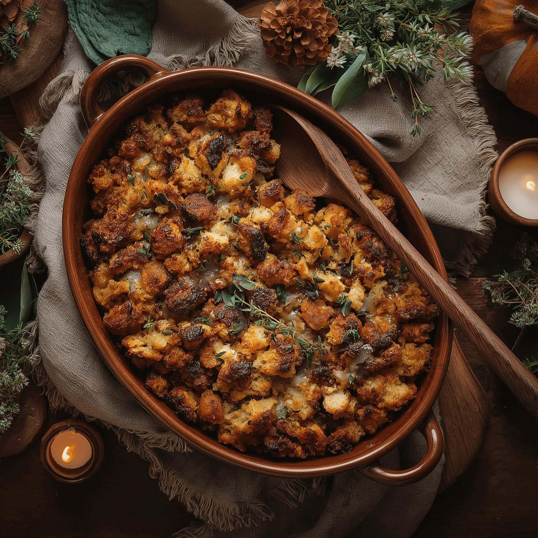 Baked Sausage Stuffing Thanksgiving Recipe with black garlic and fresh herbs in a rustic baking dish, perfect for the holiday feast.