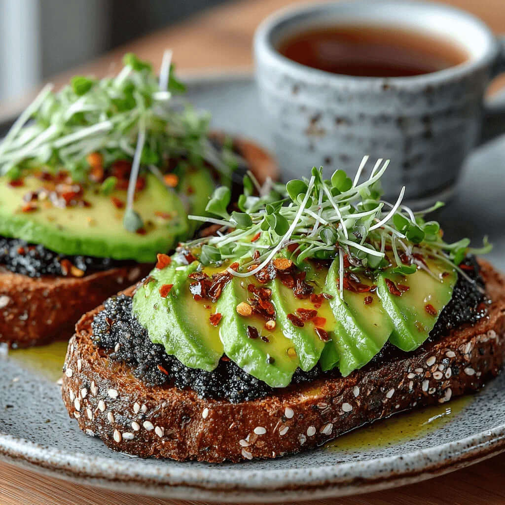 Black Garlic Avocado Toast: A Heart-Healthy Twist with Umami Punch topped with avocado slices and microgreens, served on grain bread.