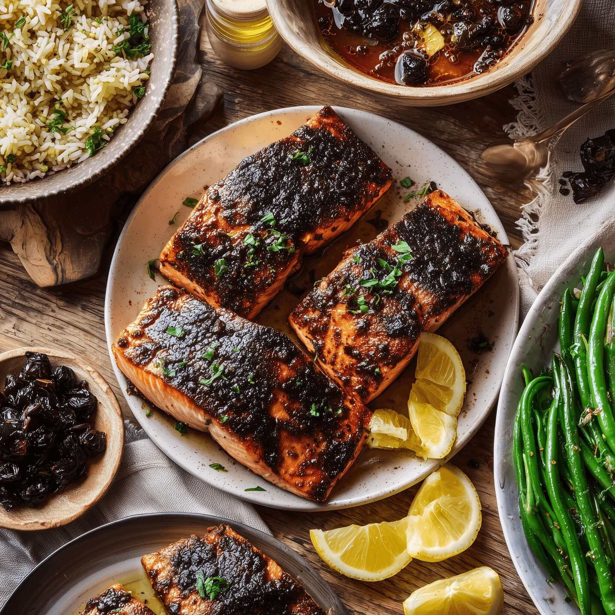 Blackened Salmon Recipe served with black garlic and side dishes, showcasing a delicious and quick 25-minute umami meal.