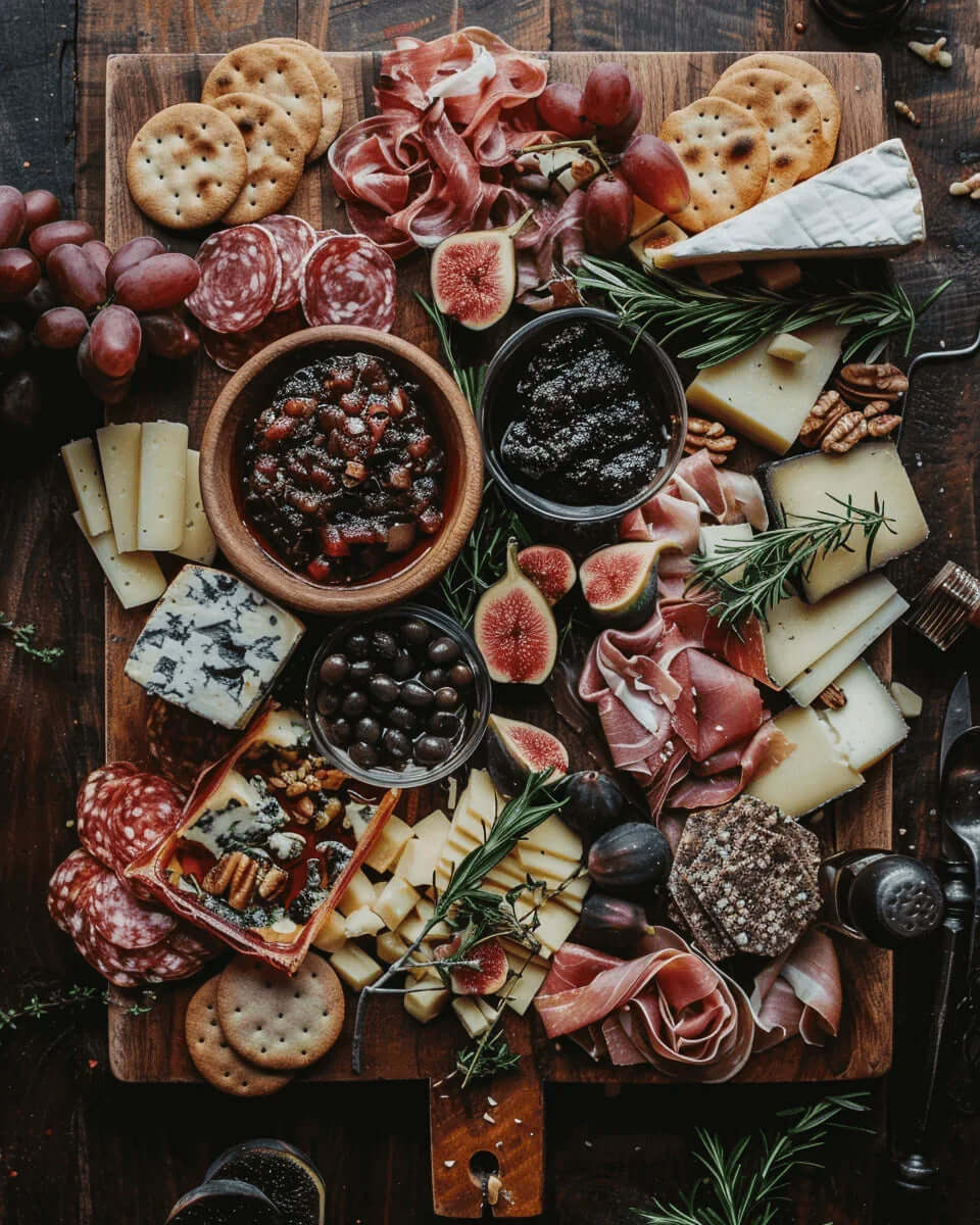 Black Garlic Charcuterie board with cured meats, cheeses, fruits, and olives, elegantly arranged for a gourmet grazing experience.