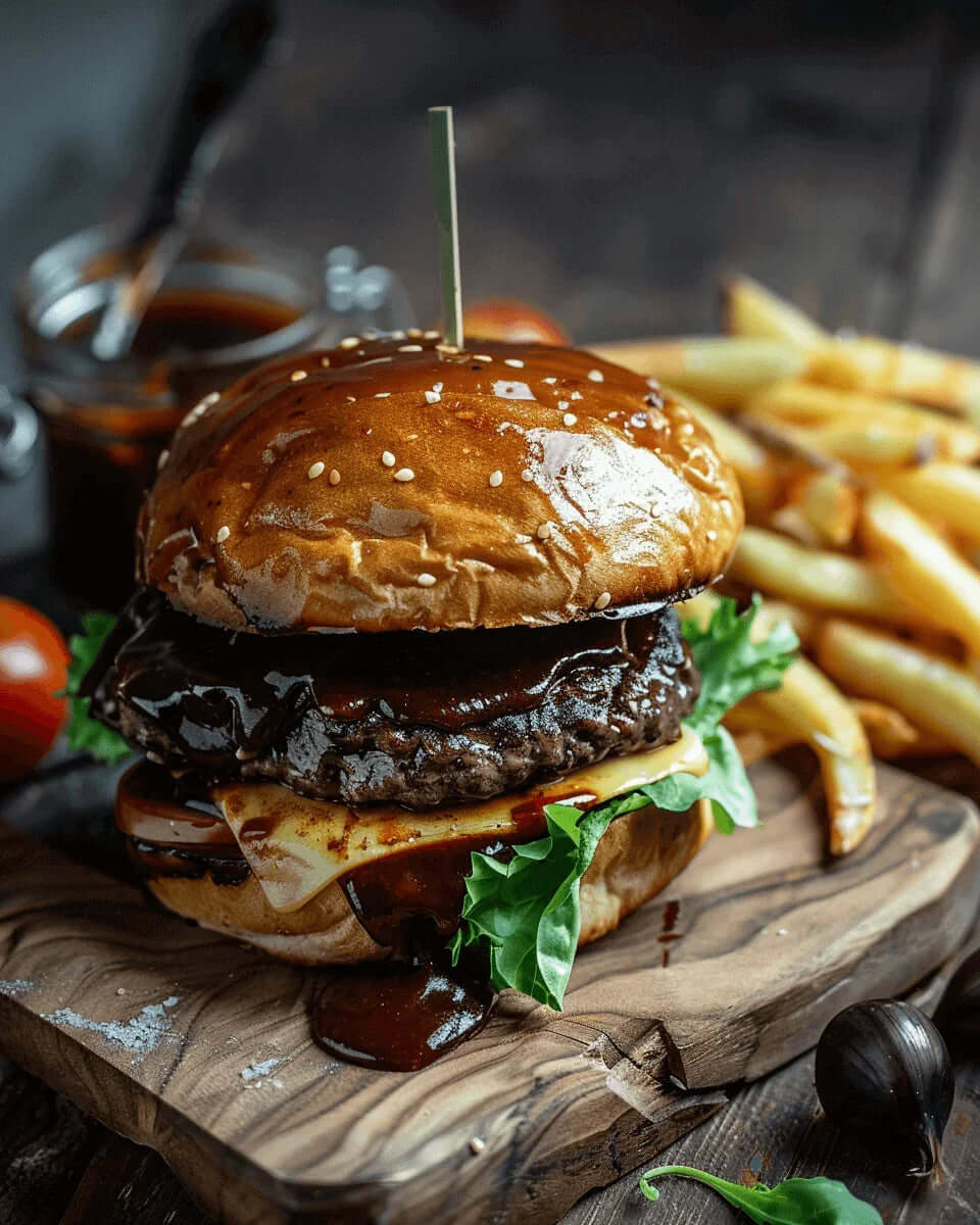 Gourmet burger drizzled with Black Garlic Ketchup, accompanied by fries on a rustic board.