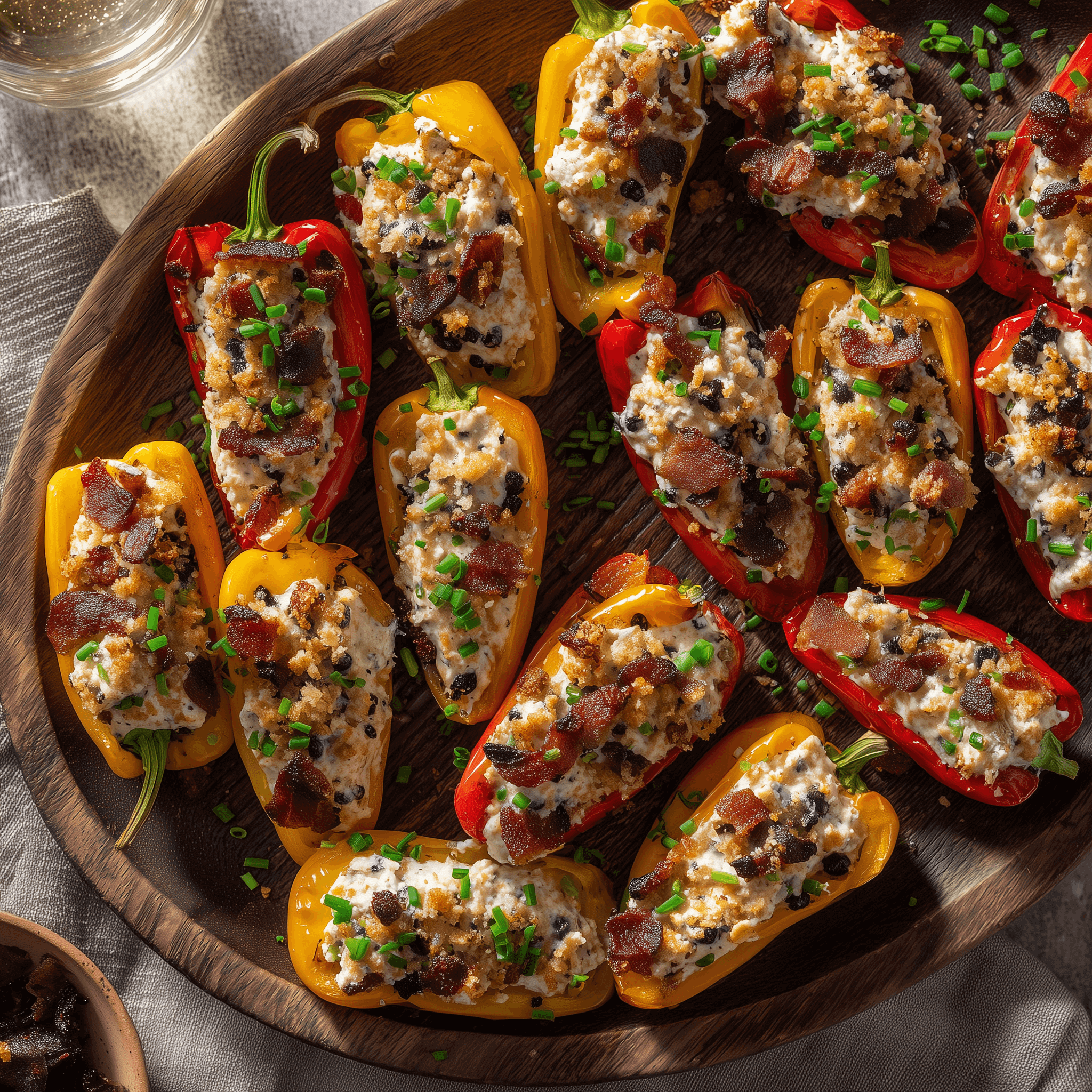 Cream Cheese Stuffed Peppers topped with bacon and black garlic on a wooden platter, perfect for appetizers or snacks.