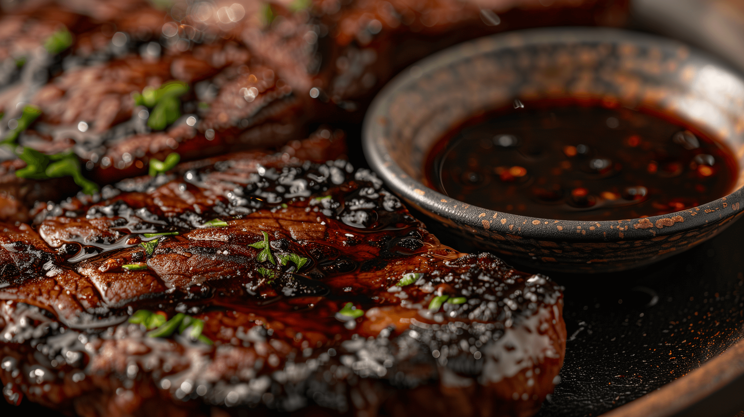 Juicy steak with black garlic marinade, showcasing the Best Steak Marinade Recipe for deep and bold flavor.