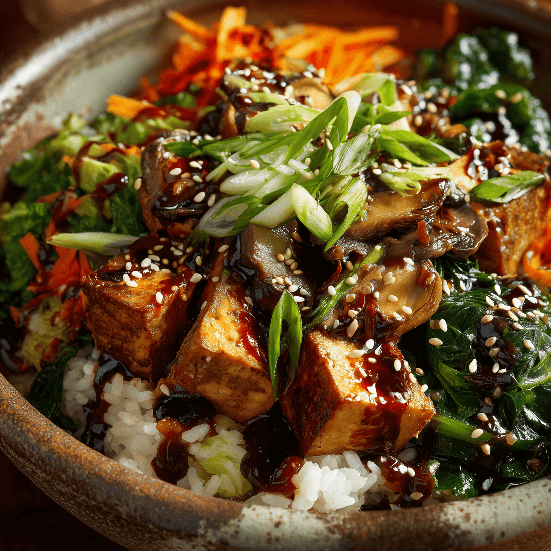 Delicious Vegetarian Korean Bibimbap Recipe with tofu, vegetables, and bold black garlic sauce in a rustic bowl.