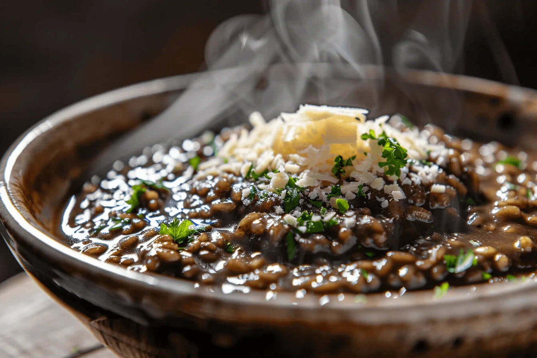 Steaming bowl of risotto topped with cheese and herbs, part of black garlic recipe dinner.