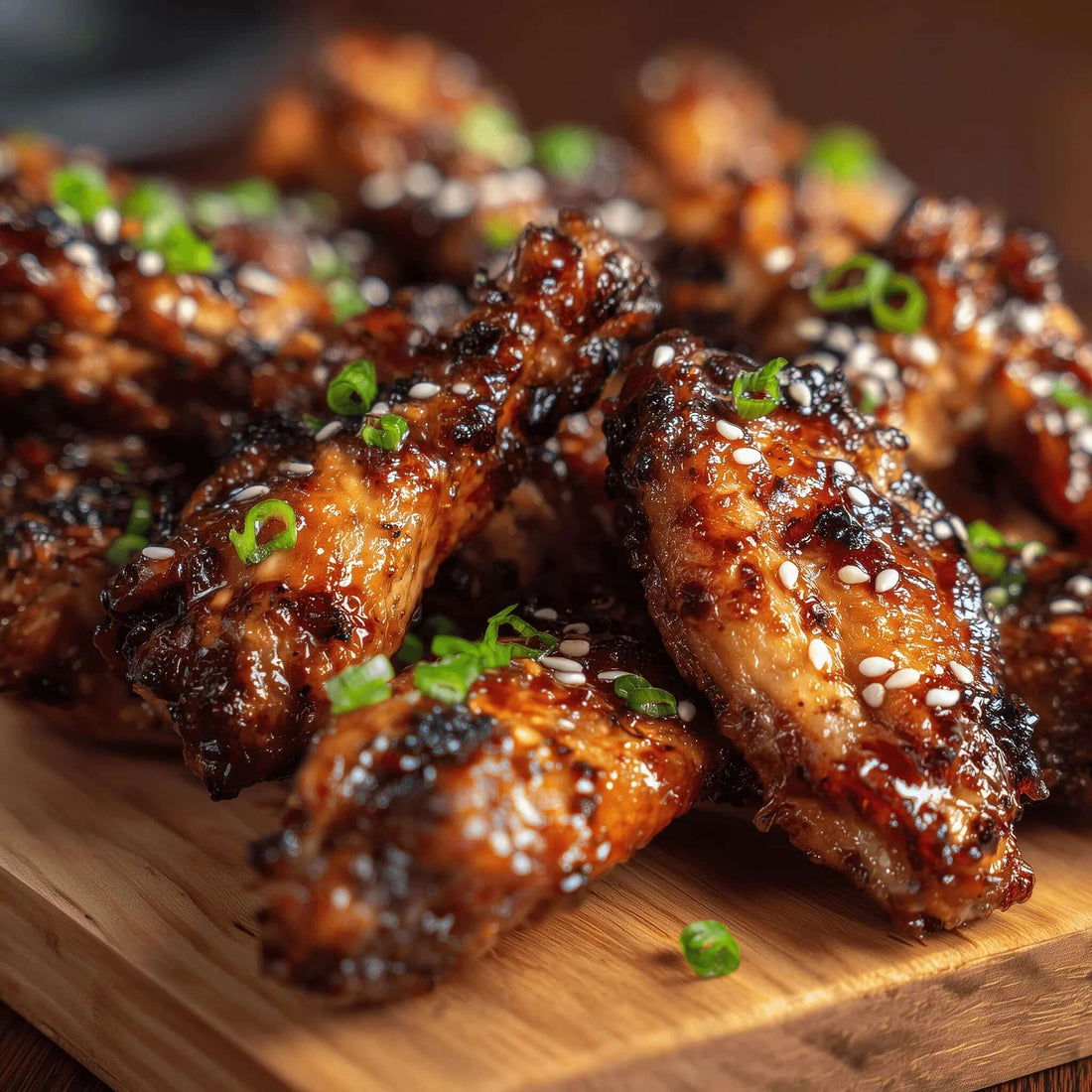 Honey Garlic Wing Recipe featuring sticky wings glazed with honey and black garlic, garnished with green onions and sesame seeds.