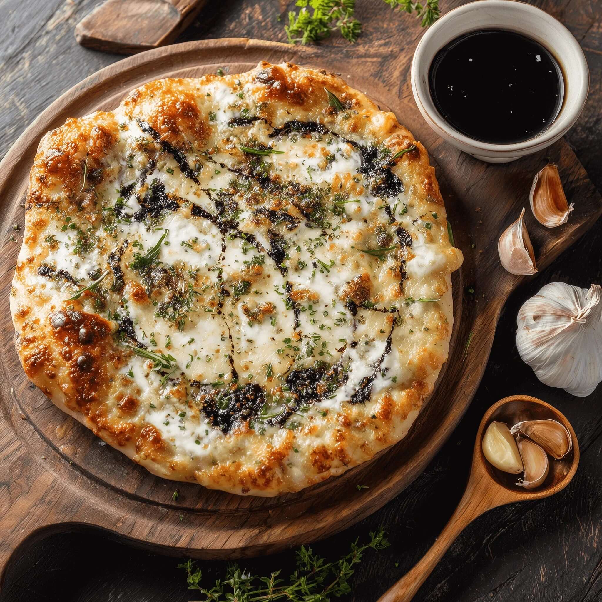 Pizza with black garlic and herbs showcasing Garlic Sauce Recipe for Pizza.