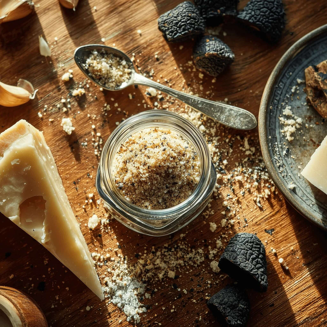 Jar of black garlic seasoning with Parmesan and truffles on a wooden table, showcasing gourmet ingredients for cooking.