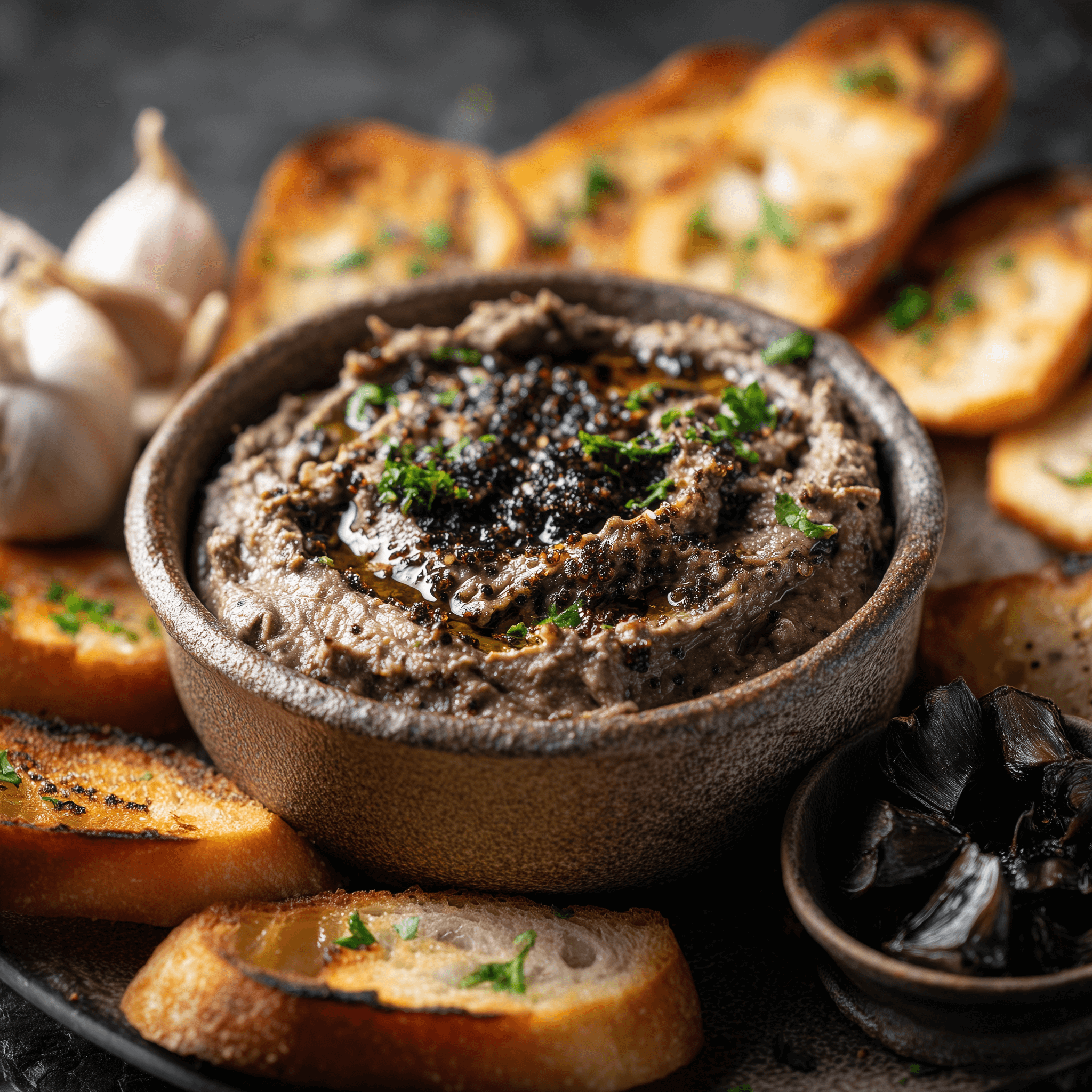 Sardine Dip Recipe with black garlic and toasted bread garnished with herbs in a rustic bowl.