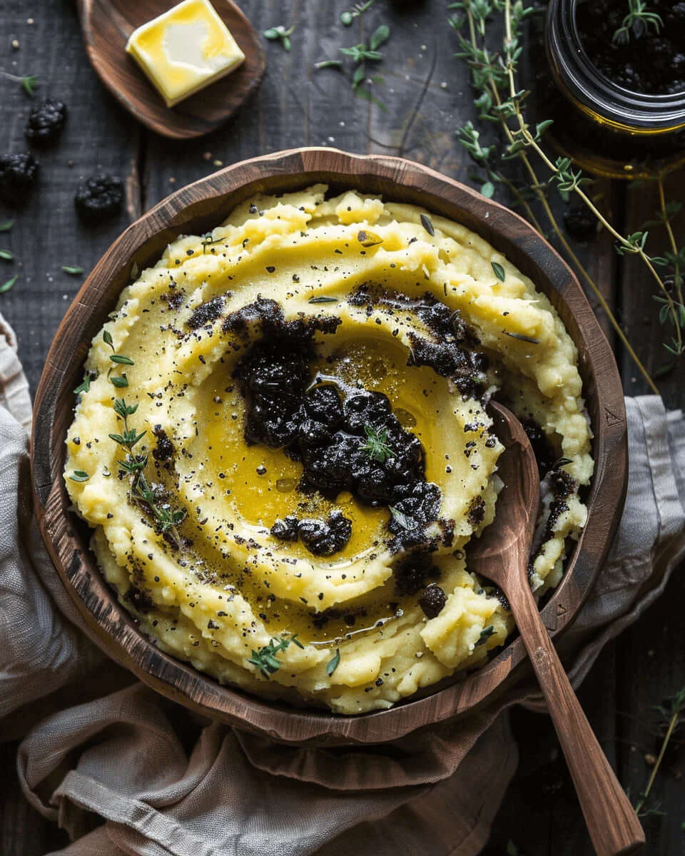 Creamy mashed potatoes with black garlic, highlighting a Black Garlic Recipe with butter and herbs in a rustic bowl.