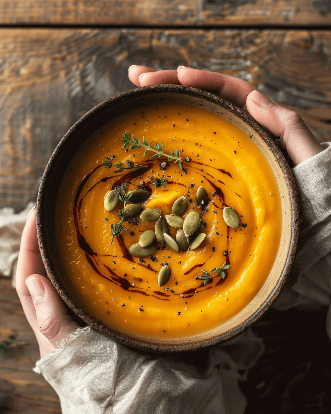 Bowl of butternut squash soup with black garlic drizzle, topped with seeds. Perfect for a Black Garlic Recipe idea.