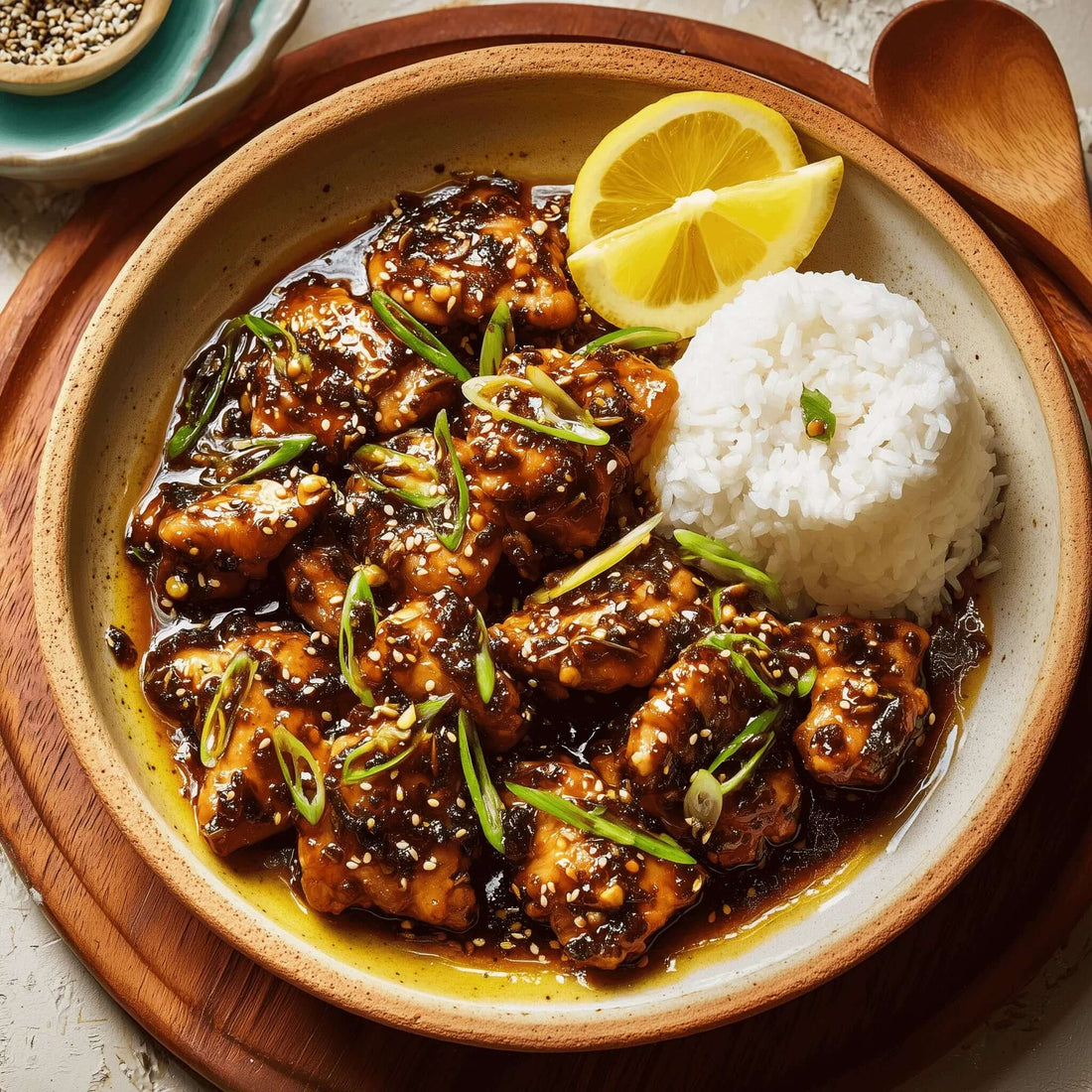 Honey Garlic Chicken Recipe with black garlic served with rice and lemon slices on a rustic plate.