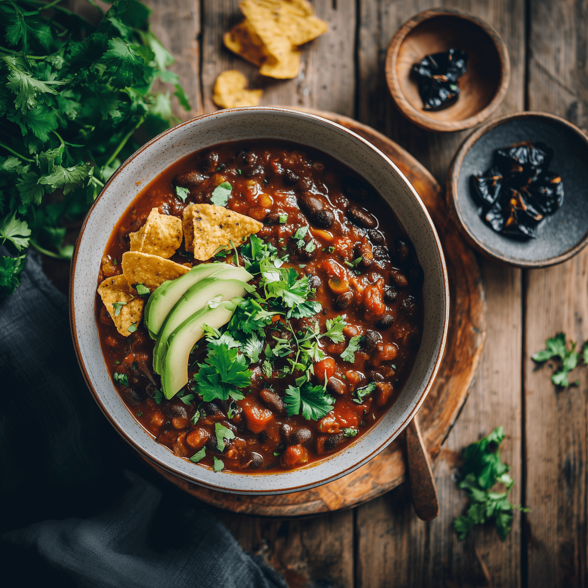 Vegan Chilli Recipe with black garlic umami, topped with avocado and tortilla chips in a rustic bowl