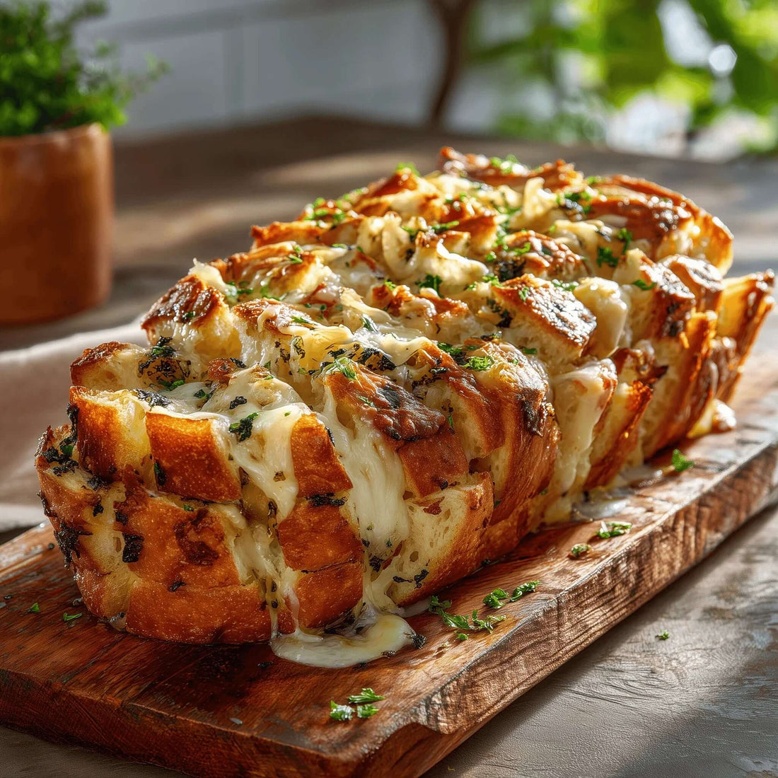 Pull Apart Garlic Bread Recipe featuring melted cheese, herbs, and black garlic on a rustic wooden board.