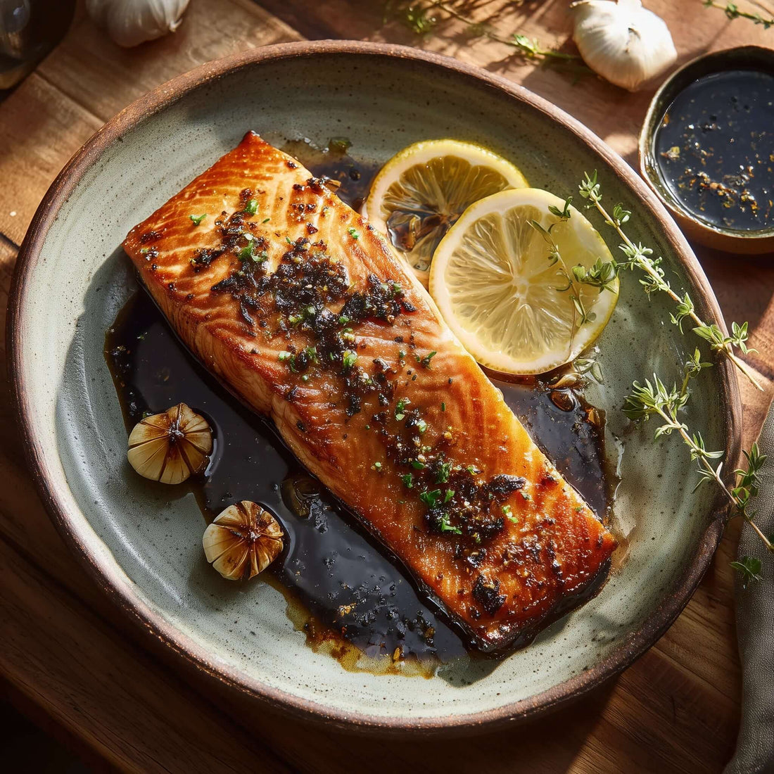 Grilled salmon garnished with lemon slices and seasoned with Black Garlic Oil for deep, smoky umami flavor.