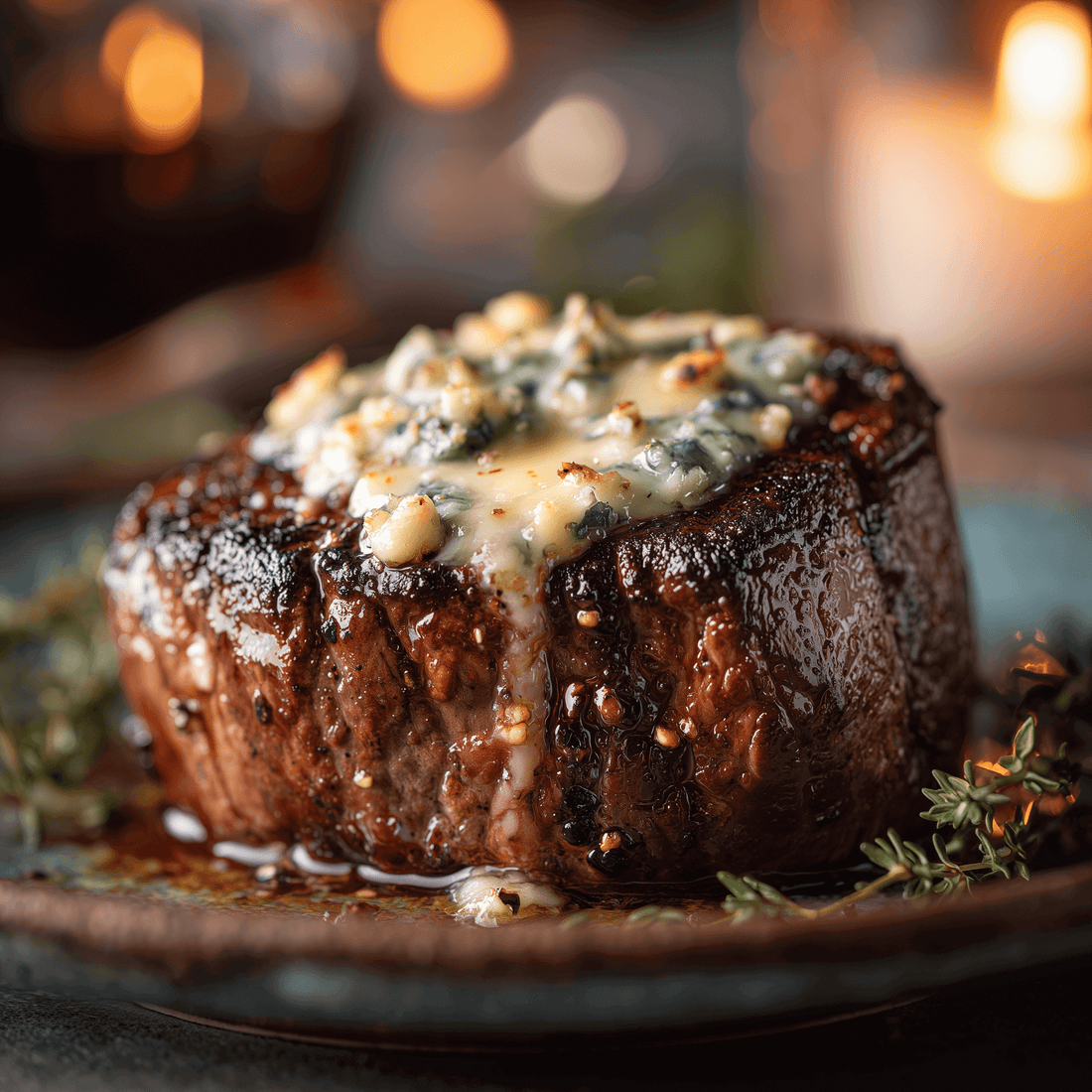Gourmet steak with melted cheese, perfect for a Romantic Valentines Dinner at home.